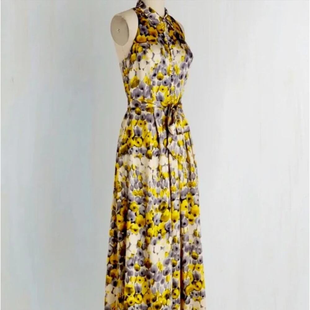 Eva Franco Coconinno Dress Womens XL Collared Sleeveless Tie Maxi Yellow Gray
